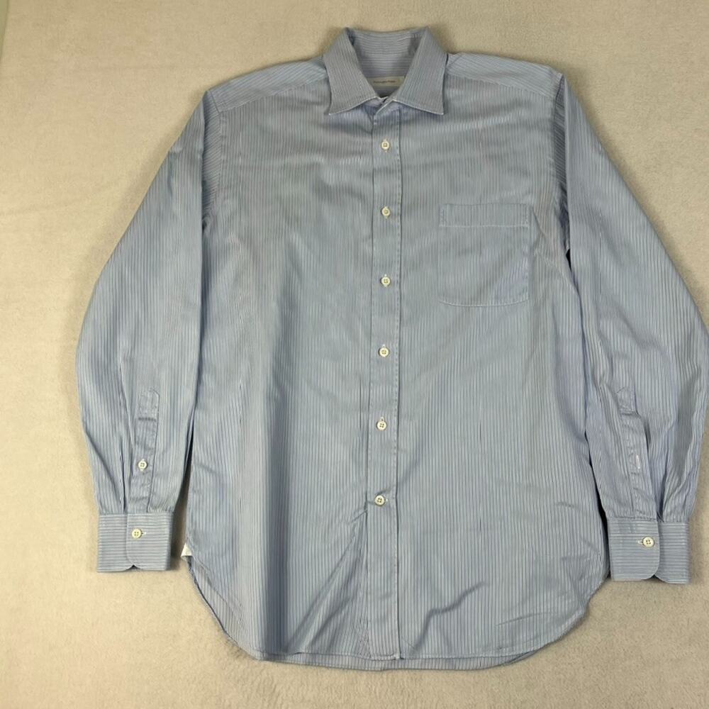 Ermenegildo Zegna Dress Shirt Mens Size 40 Blue White Striped Trofeo Italy